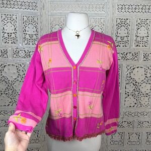 Vintage Pink Floral Button Up Cardigan Sz Medium Colorblock Coquette Cottage